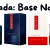 Prada Luna Rossa Basenotes and Prada Luna Rossa Sport perfume bottles highlighting their unique fragrance compositions with head, heart, and base notes.