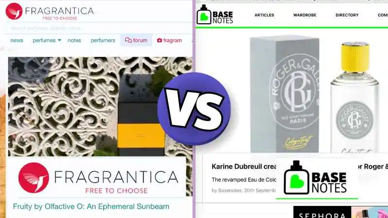 Fragrantica vs. Basenotes: A comparison of top perfume rating websites, highlighting features like perfume search, user reviews, and fragrance ratings.